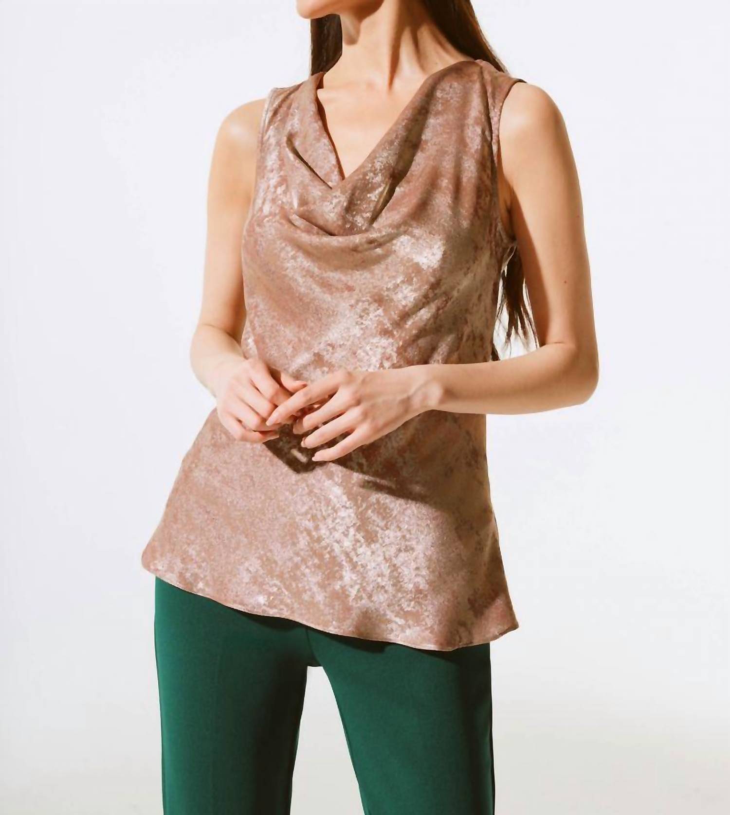 

Бежево-золотая атласная майка с капюшоном без рукавов Joseph Ribkoff