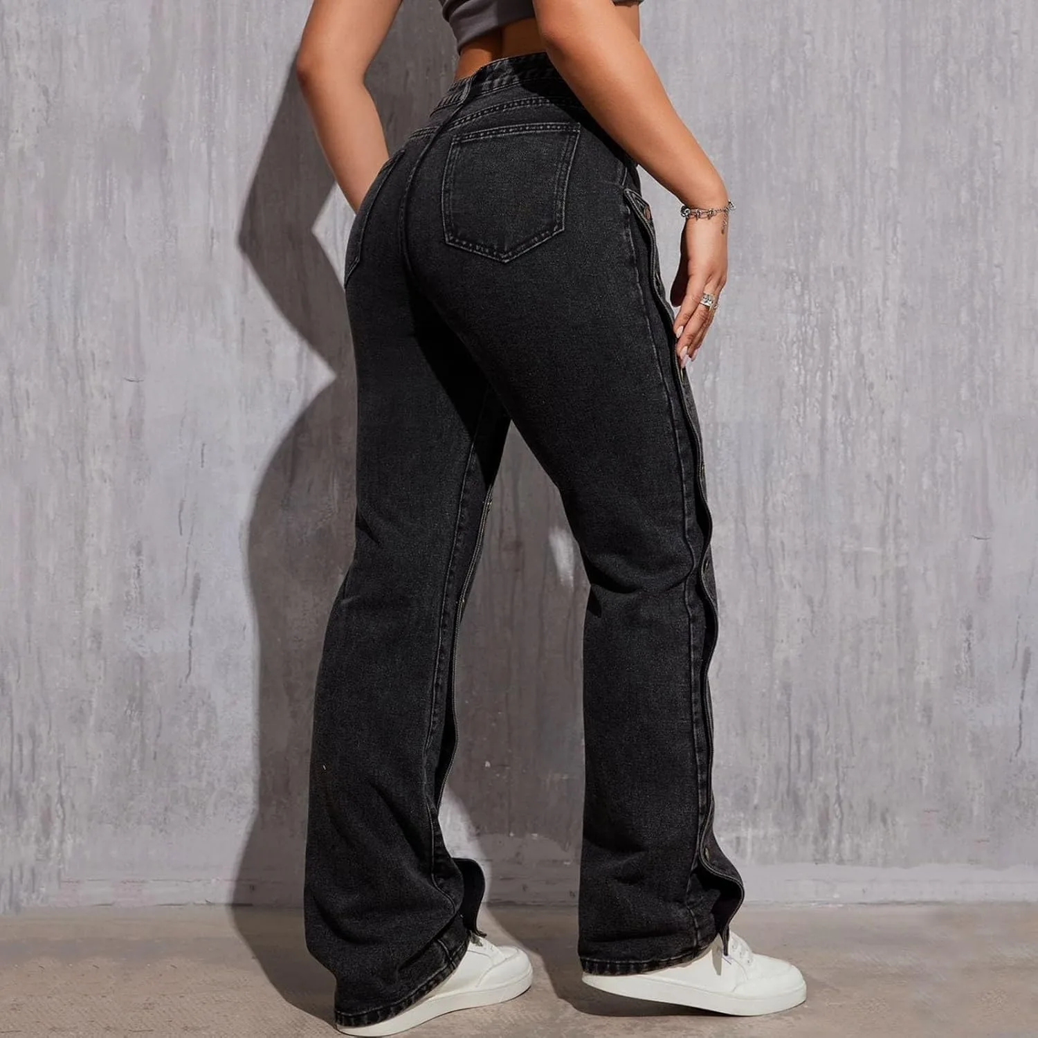 Женские джинсы high waisted straight wide leg с патчворком и съемными кнопками — фото 4