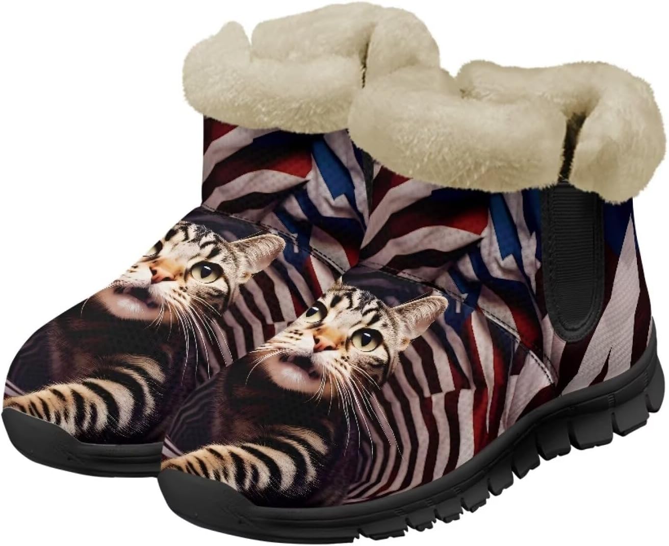 

Мужские зимние снегоходные ботинки Qoiuvncy, утепленные мехом, ботильоны с мягкой подкладкой, нескользящие, удобные, с легким надеванием, короткие ботинки для прогулок на улице, размер США 7-13, Cat American Flag