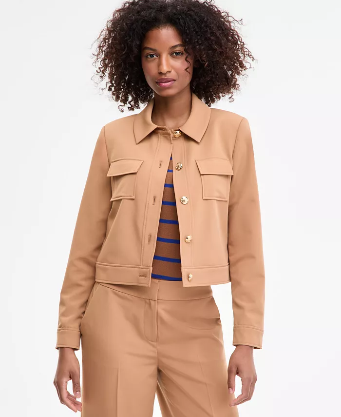 

Женская укороченная куртка на пуговицах спереди, стандартного и маленького размера Tahari ASL, коричневый/бежевый