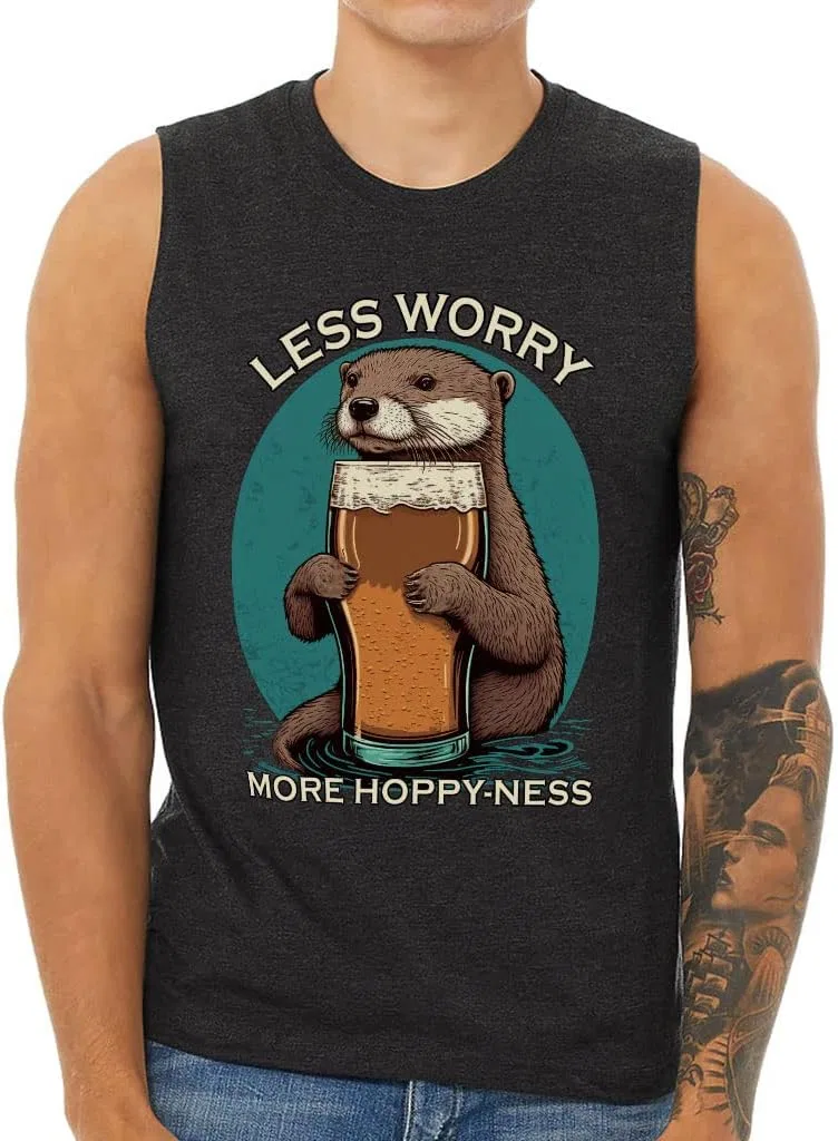 Generic Мужская майка-борцовка Less Worry More Hoppy-Ness - Милая мужская футболка без рукавов - Майка с изображением животных, Dark Gray Heather