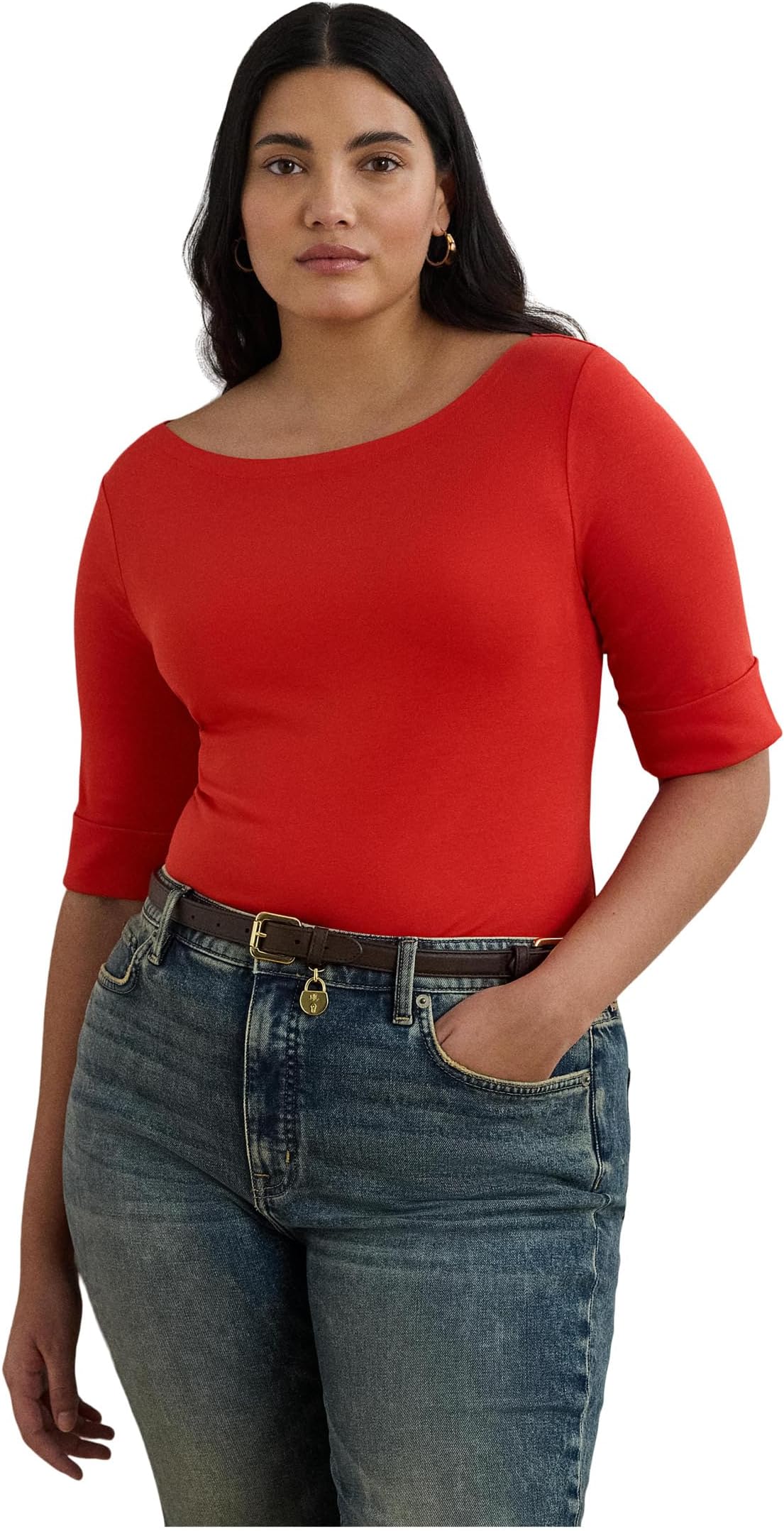 

Топ Lauren Ralph Lauren Plus Size Stretch Cotton Boatneck Top, цвет Bright Vermilion