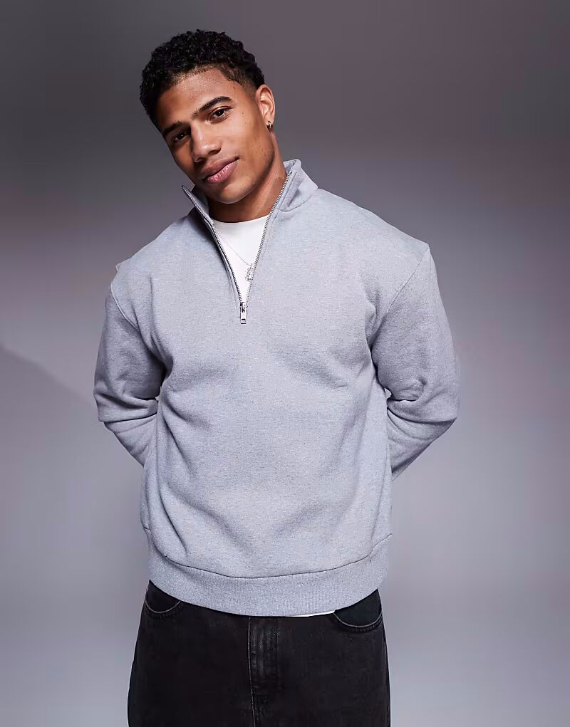 

Толстовка премиум-класса, свободного кроя, с четвертной молнией, плотностью 400 г/м², серого меланжевого цвета Asos Design