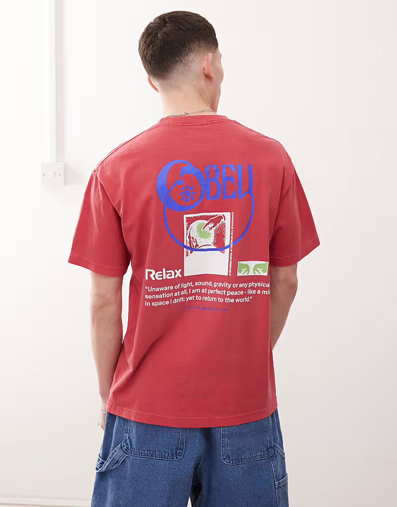 

Футболка с графическим логотипом Obey relax и принтом на спине в пигментном малиновом цвете