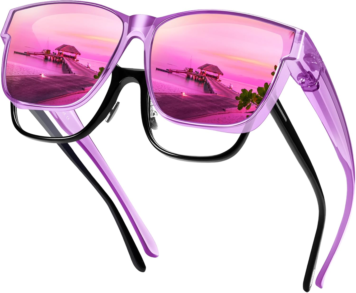 

Поляризованные солнцезащитные очки URUMQI, надеваемые поверх обычных очков, для мужчин и женщин, большие квадратные очки с защитой от УФ-излучения UV400, 11 Transparent Purple Frame/Purple Mirrored Lens