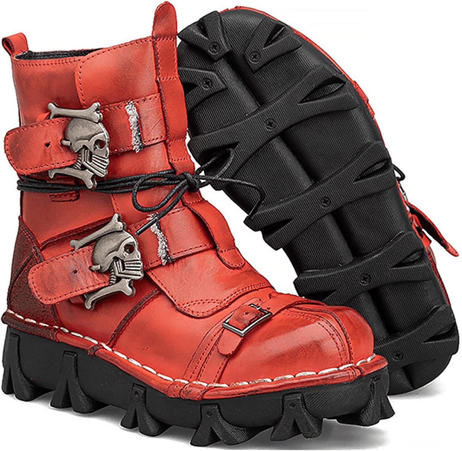 

Мужские водонепроницаемые кожаные байкерские ботинки, с толстой подошвой, пряжками, для верховой езды, готические черепа, панк, ковбойские ботинки до середины голени Raspio, красный