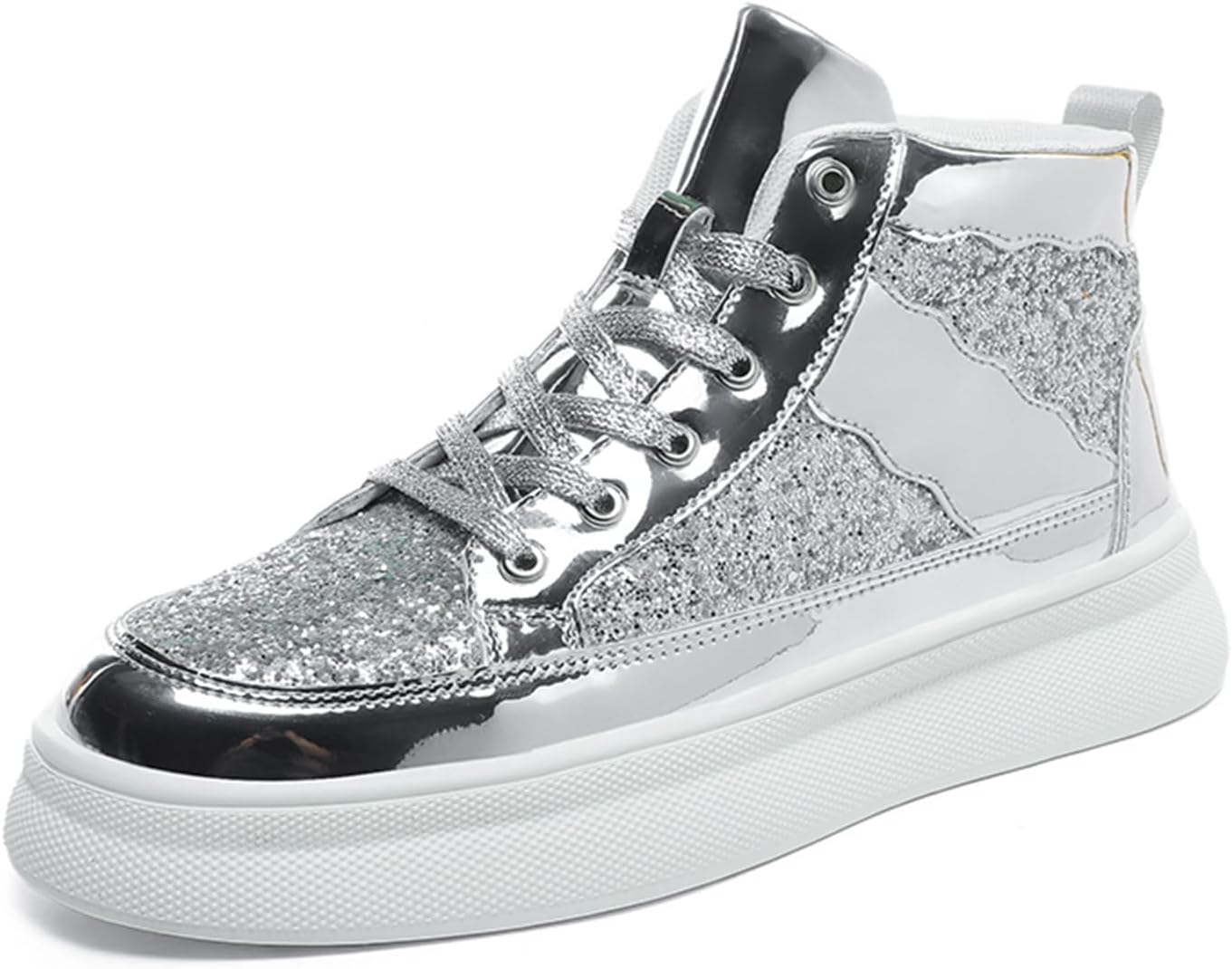 

Мужские модные кроссовки высокие для скейтборда и прогулок, стильные спортивные повседневные блестящие туфли для мужчин Spwagym, серебро