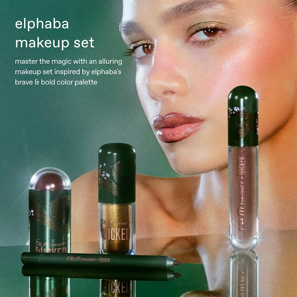 rem beauty Wicked: For Good | Набор косметики | Водостойкие тени для век, стик для сияния кожи, кремовый карандаш для губ, блестящий бальзам для губ | 4 полноразмерных продукта, Elphaba — фото 4