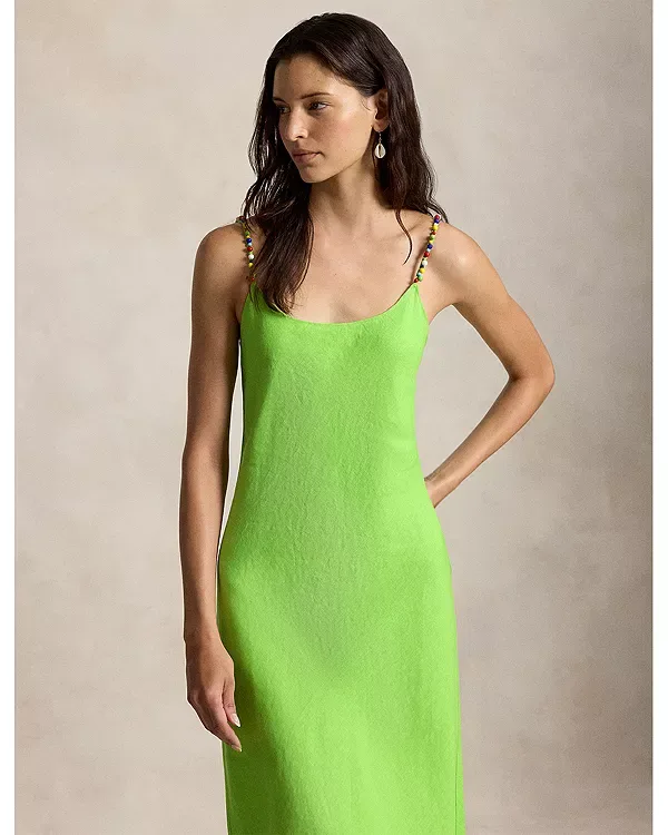 Льняное платье-комбинация с бисерной отделкой Ralph Lauren, Green — фото 2