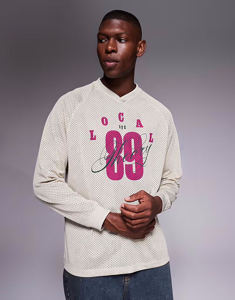 

Футболка свободного кроя с длинными рукавами и рисунком номера из бежевого материала Airtex Asos Design, Бежевый, Футболка свободного кроя с длинными рукавами и рисунком номера из бежевого материала Airtex Asos Design