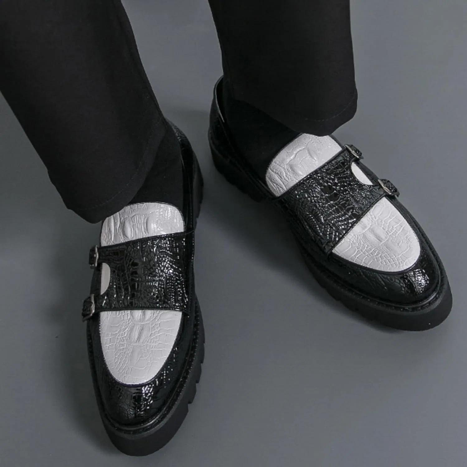 Лоферы мужские кожаные, Monk Strap Shoes, Black White Dwihuize — фото 2
