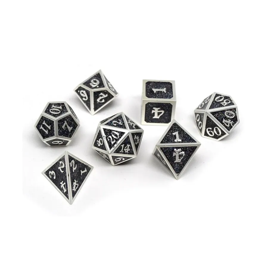 

Героические кубики металлического блеска — черные с серебром (7), Dice - Metal 7 Piece Poly Sets (Easy Roller Dice)