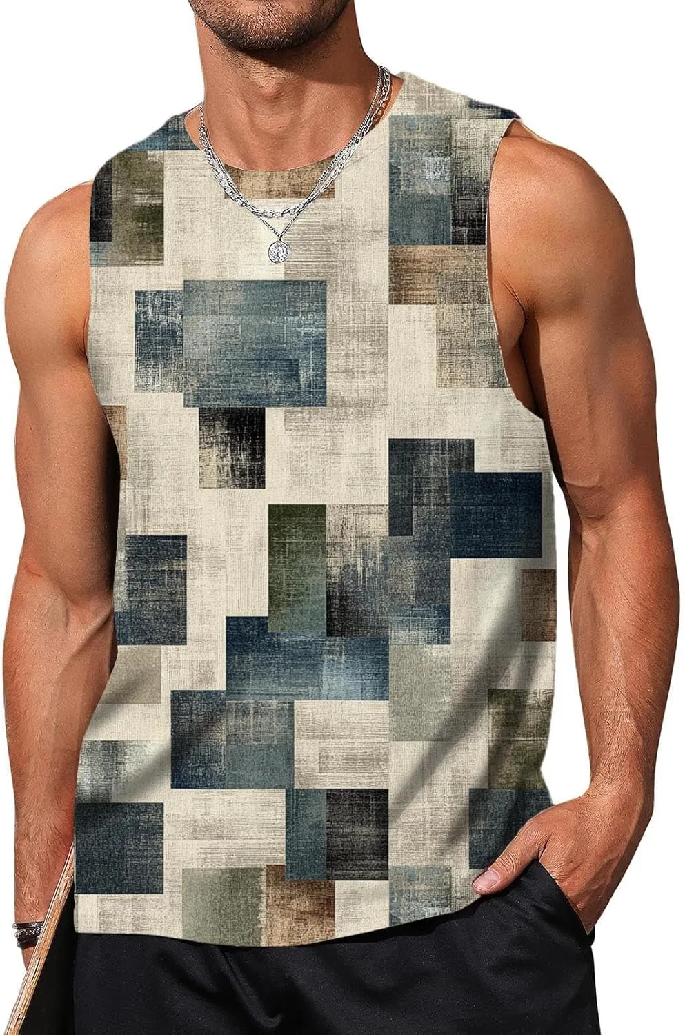 Мужской топ с геометрическим принтом, Polyester + spandex, Hidden Blue