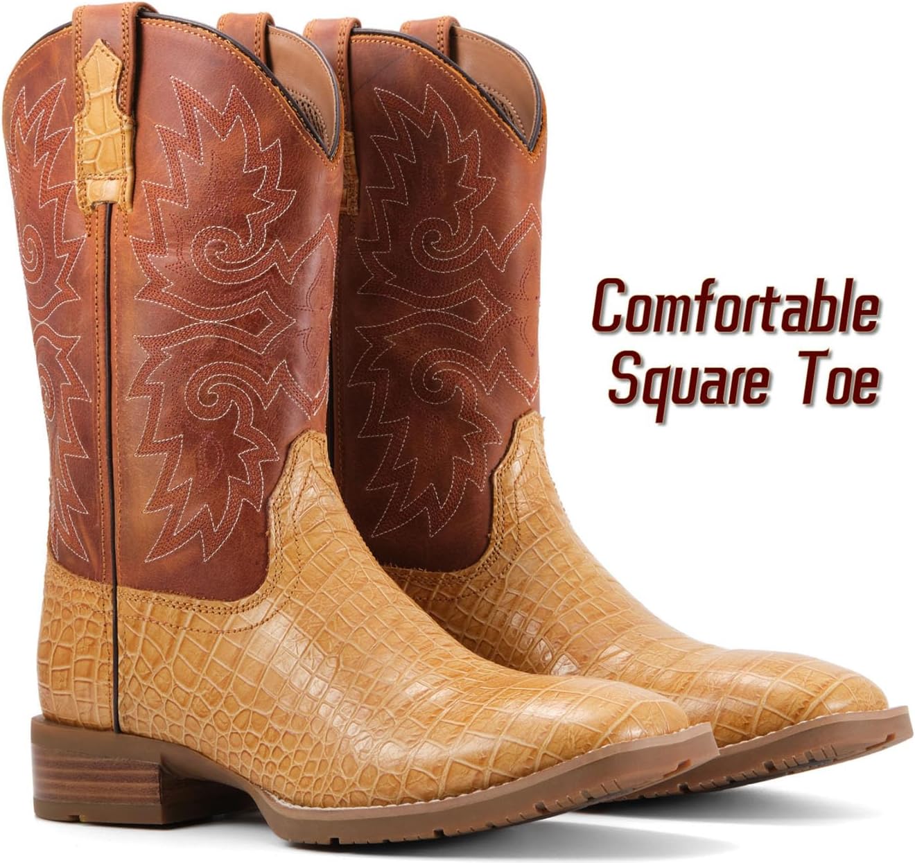 Мужские сапоги SUREWAY Caiman Cowboy - мужские вестерн-сапоги с квадратным носком, масло- и скользкоустойчивые, прочные, модные классические сапоги-ботфорты высотой 25 см, сапоги с мягким носком, Tan Caiman Belly — фото 3