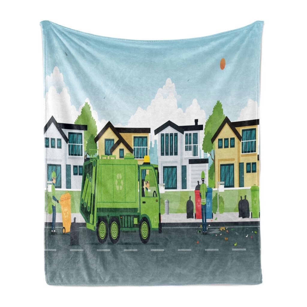

ABAKUHAUS Garbage Truck Мягкое фланелевое флисовое одеяло, Грузовик на улице на фоне домов. Мужской выбор мусора, 175 x 230 см, Разноцветный