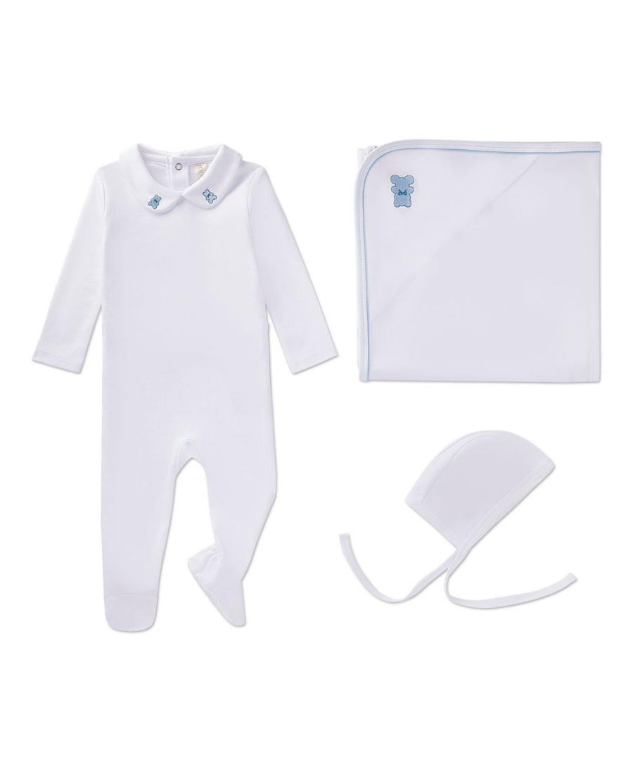 

Детский комбинезон для мальчика из 3 предметов, 100% пима, с воротником Питер Пэн и вышивкой в виде плюшевого мишки MeMoi, Winter white