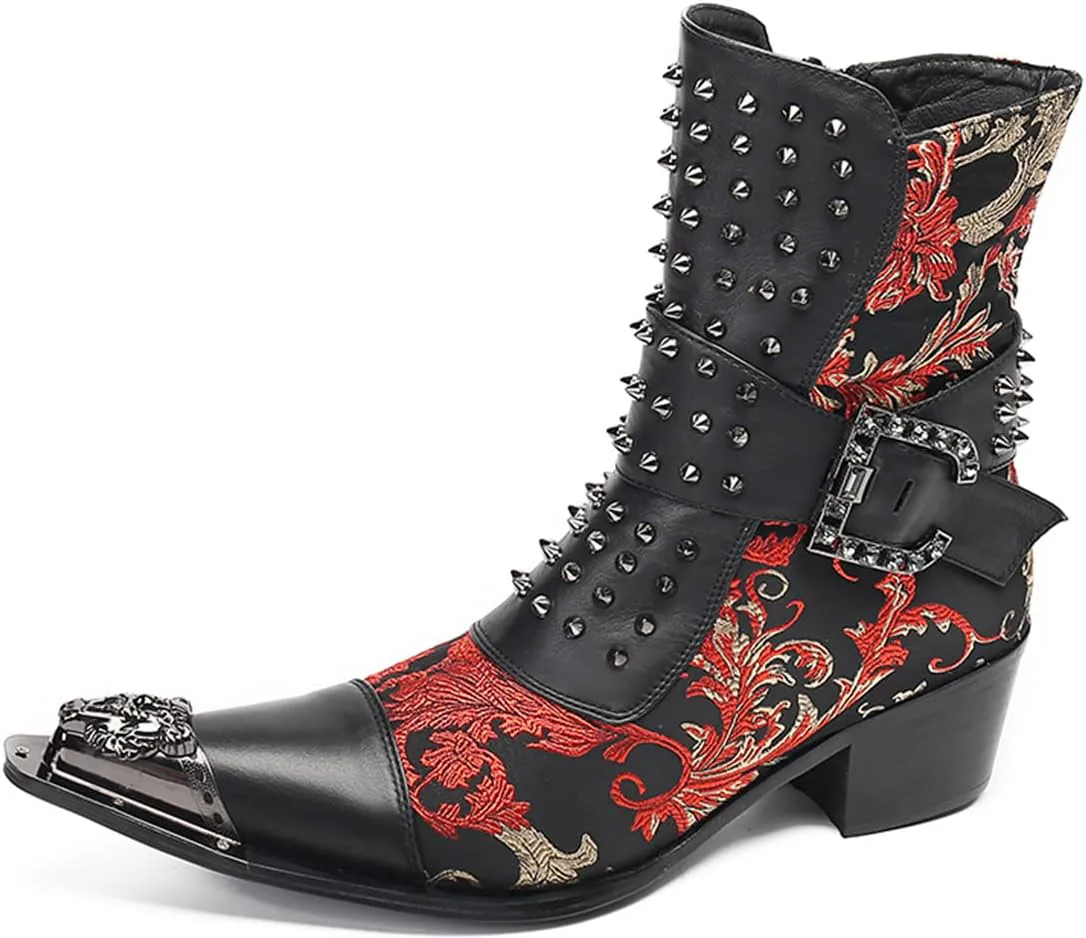 

Мужские кожаные вестерн-ботинки Santimon - металлический носок, повседневные ботинки средней длины с шипами, пряжкой с заклепками и вышивкой в виде цветов для вечеринок, концертов и родео, черный