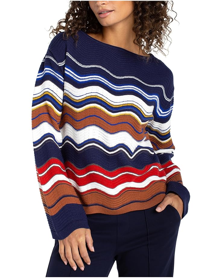 

Женский свитер Liverpool Los Angeles с длинным рукавом, лодочным вырезом и ажурным подолом, Navy/Brown/Multi Stripe