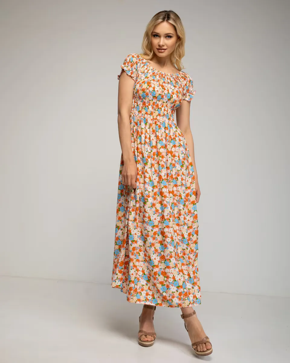 

Макси-платье с цветочным принтом, сборками на груди и рукавах Tantra, лососевый