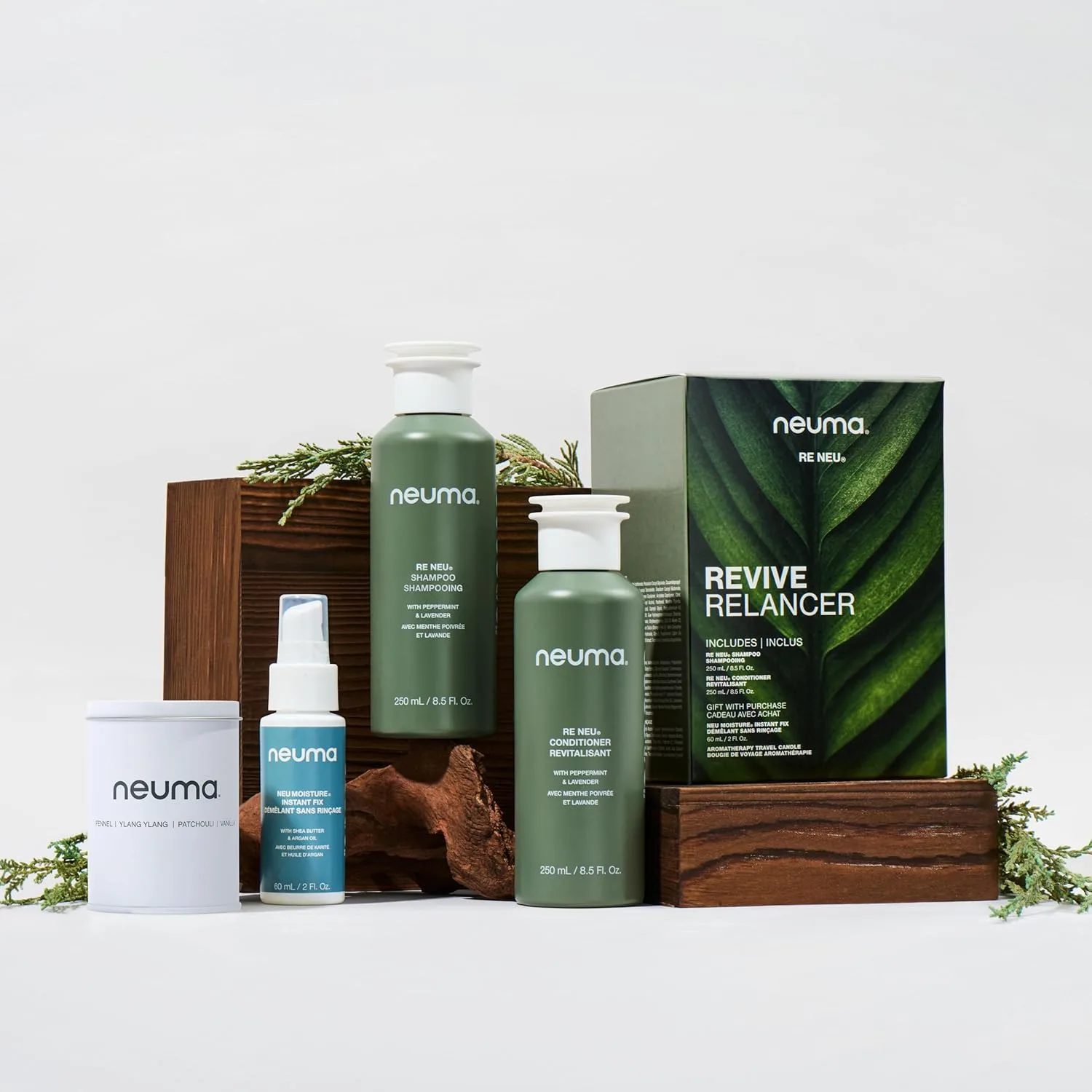 NEUMA Glow Strong. Glow Bright. Revive Gift Set. Re Neu 8.5 Fl Oz. Шампунь и кондиционер + Neu Moisture 2 Fl. Oz. Instant Fix + Aroma Therapy Travel Candle — фото 2