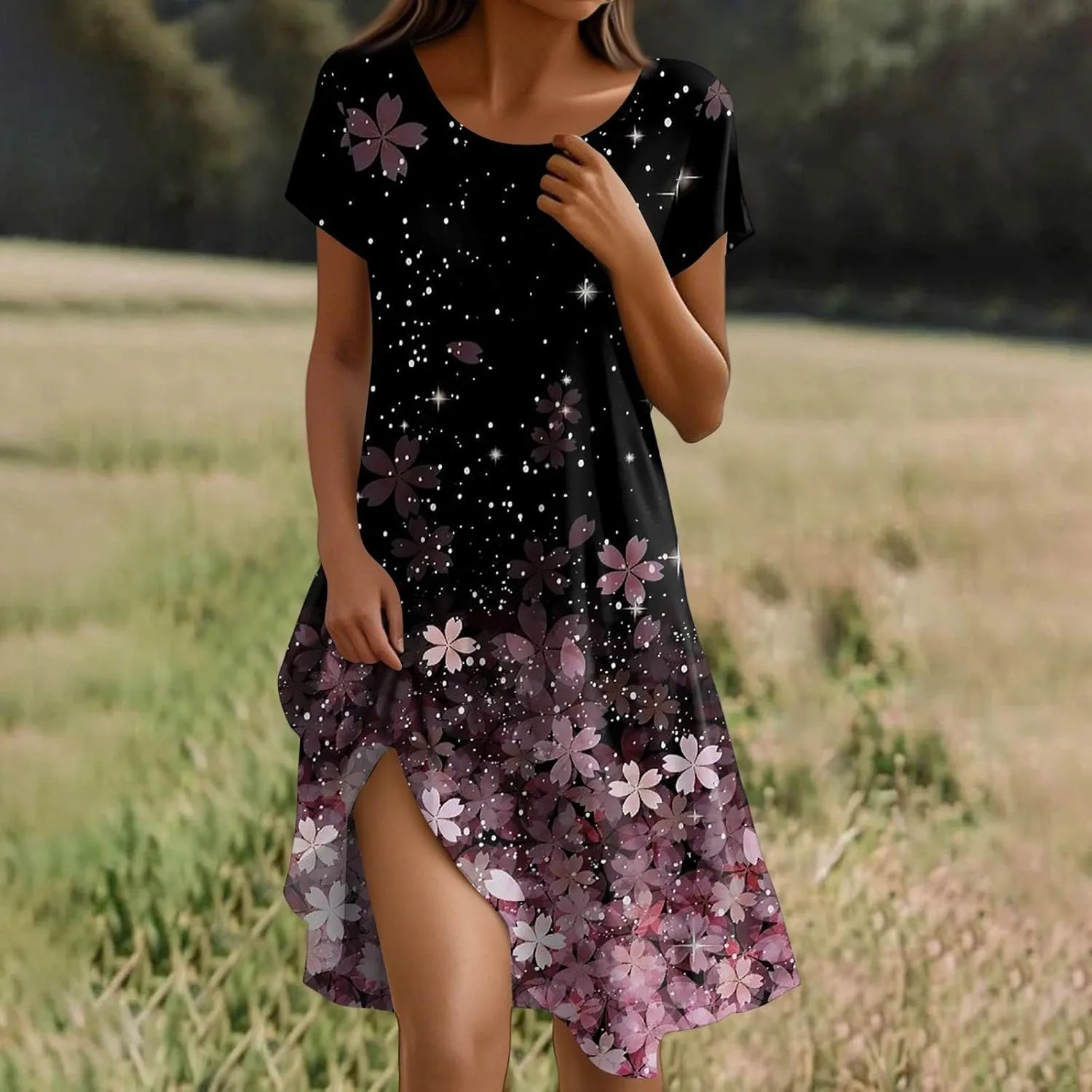 Женское летнее платье 2026 Beach Boho Flower сандарес с коротким рукавом, свободное повседневное платье-футболка с круглым вырезом и карманами Generic, розовый — фото 3