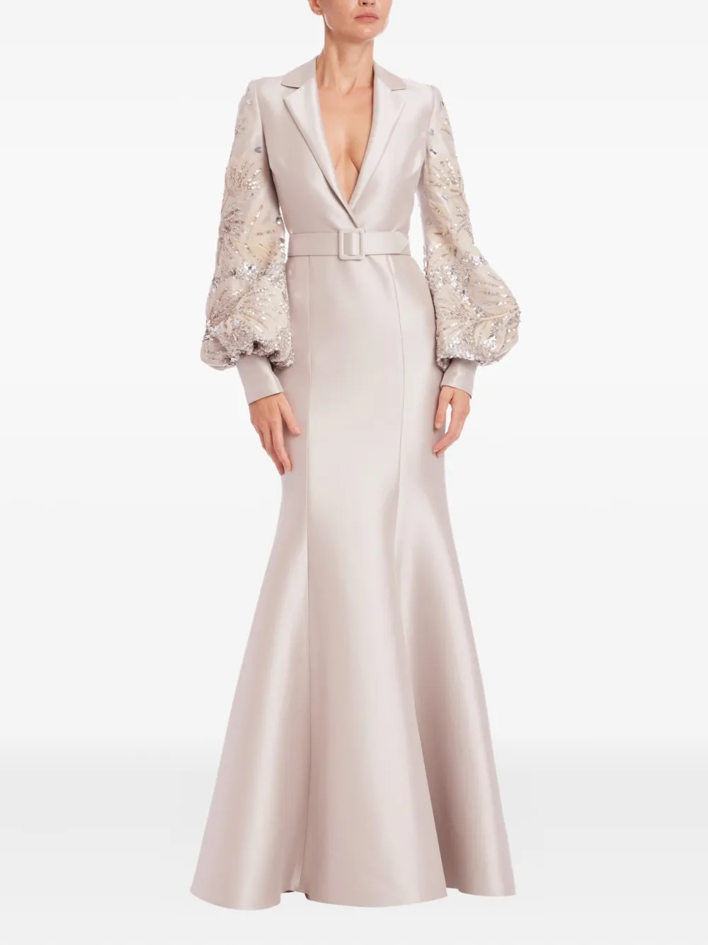 

Платье с объемными рукавами и поясом Badgley Mischka, нейтральный