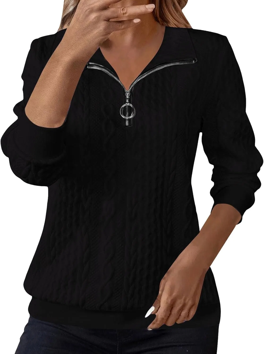 Женская толстовка с воротником, текстурированная, Quarter Zip, черный