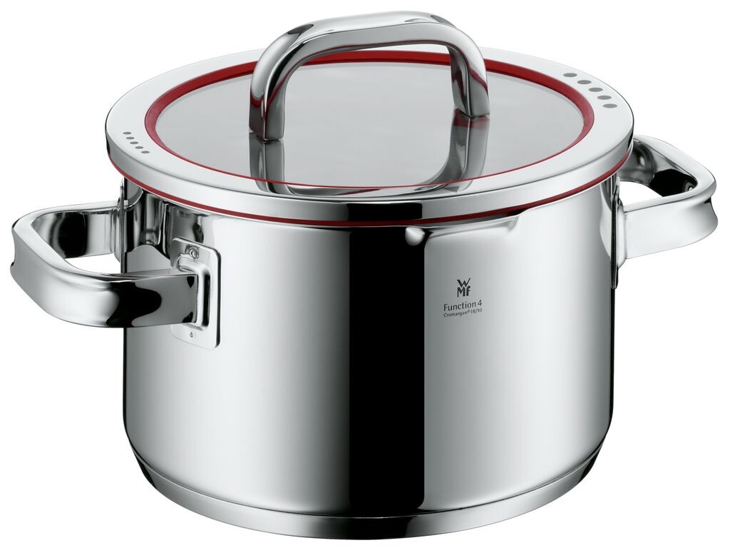 

WMF Function 4 кастрюля, большая 20 см, индукционная кастрюля для мяса 3,4 л, стеклянная крышка, полированная нержавеющая сталь Cromargan, 4 функции разлива, внутренняя шкала, красный