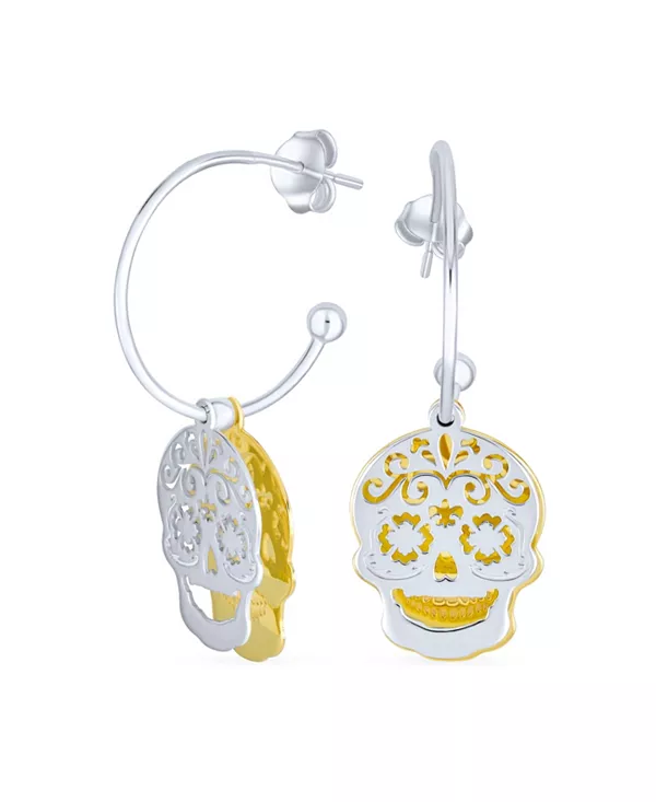 

Украшения в стиле «День мертвых» в стиле карибского байкера и пиратского черепа на Хэллоуин, серьги-гвоздики в виде колец, двухцветное позолоченное серебро Bling Jewelry, two-tone