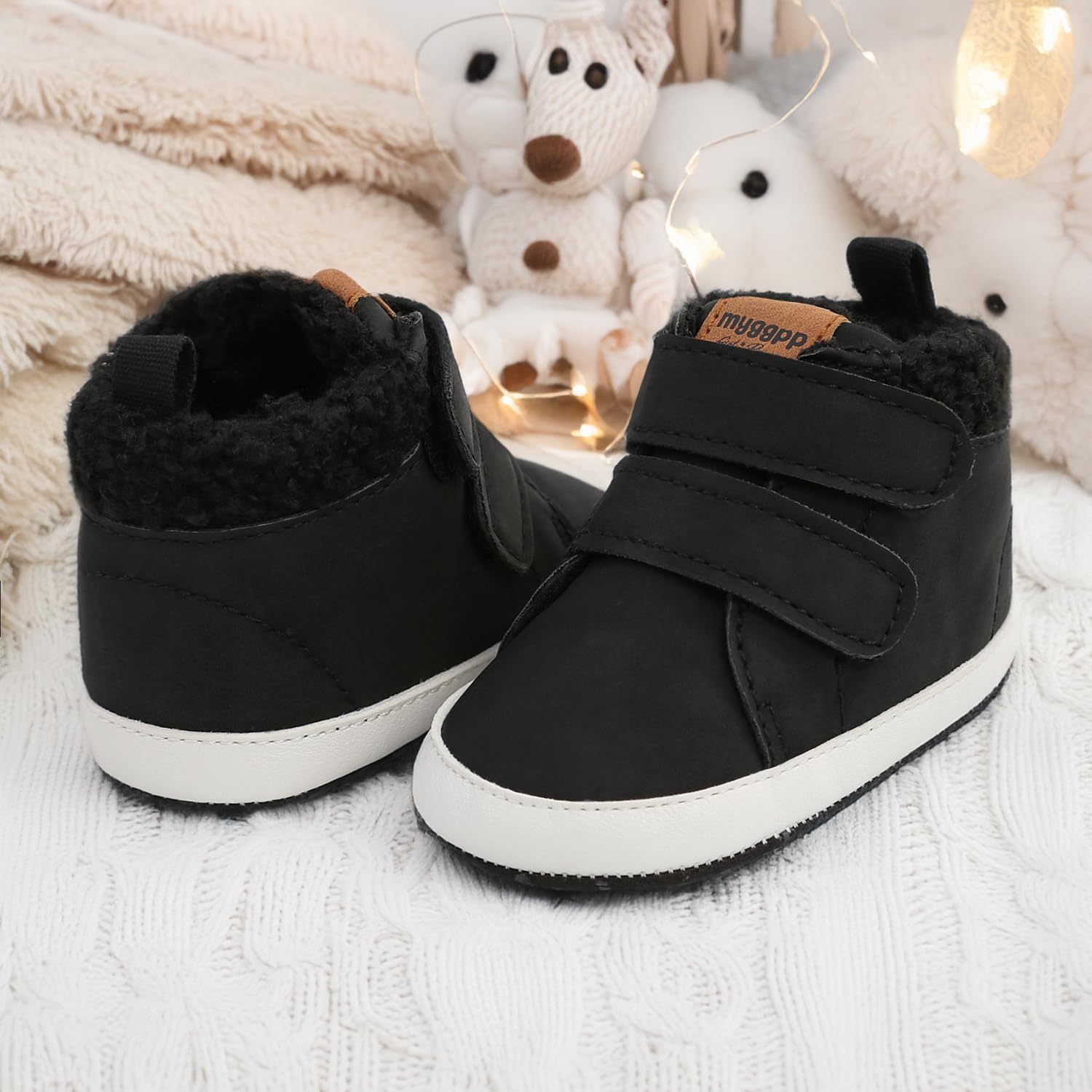 HsdsBebe Детские ботиночки на щиколотку для мальчиков и девочек, флисовые пинетки с противоскользящей резиновой подошвой, кроссовки для малышей, обувь для новорожденных для ходьбы и сна, A02/Black — фото 4