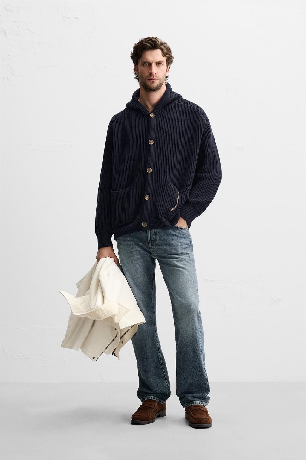 

Кардиган с капюшоном из изнаночной вязки ZARA, темно-синий