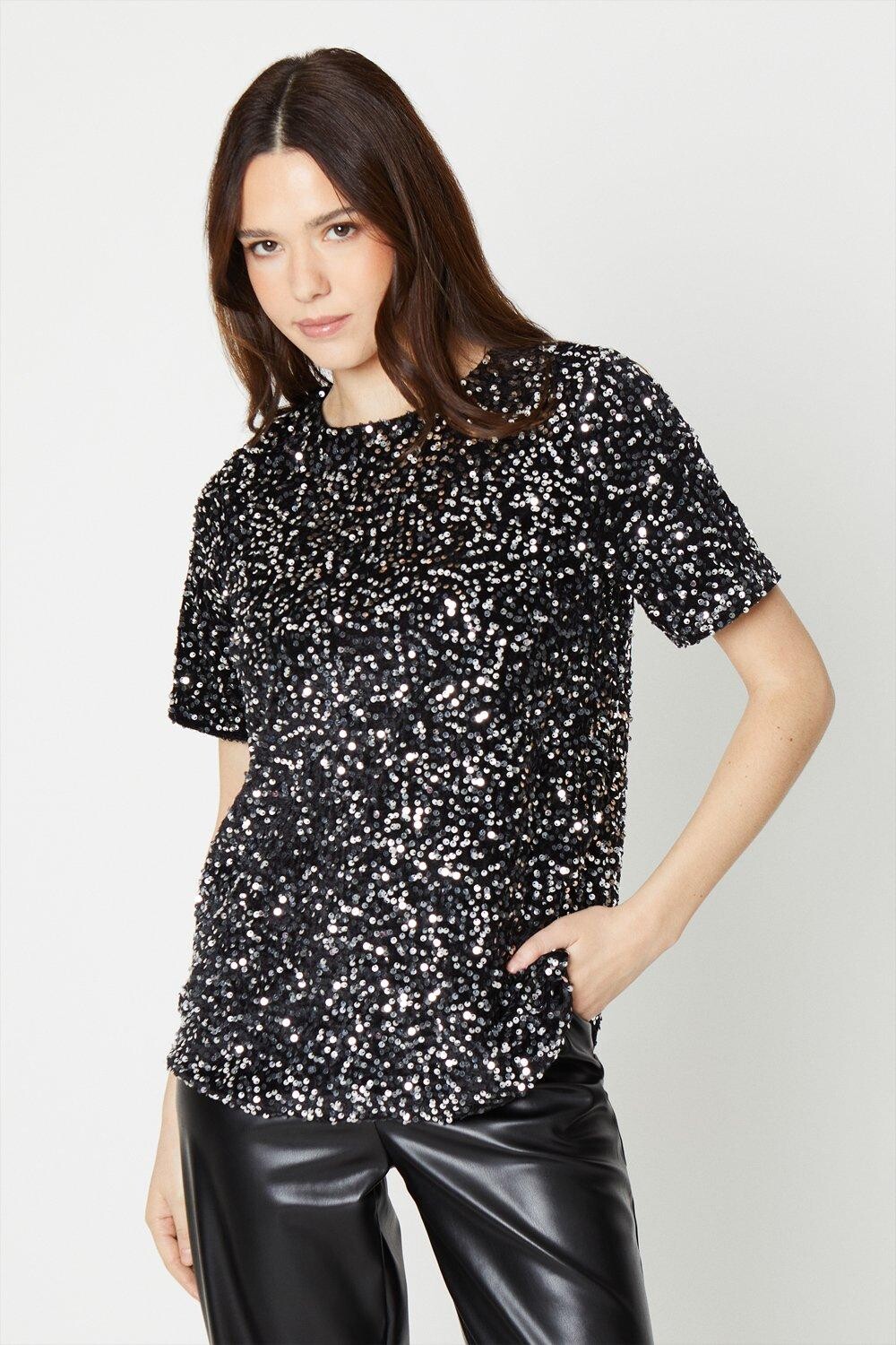 

Топ с короткими рукавами и пайетками Dorothy Perkins, серебро