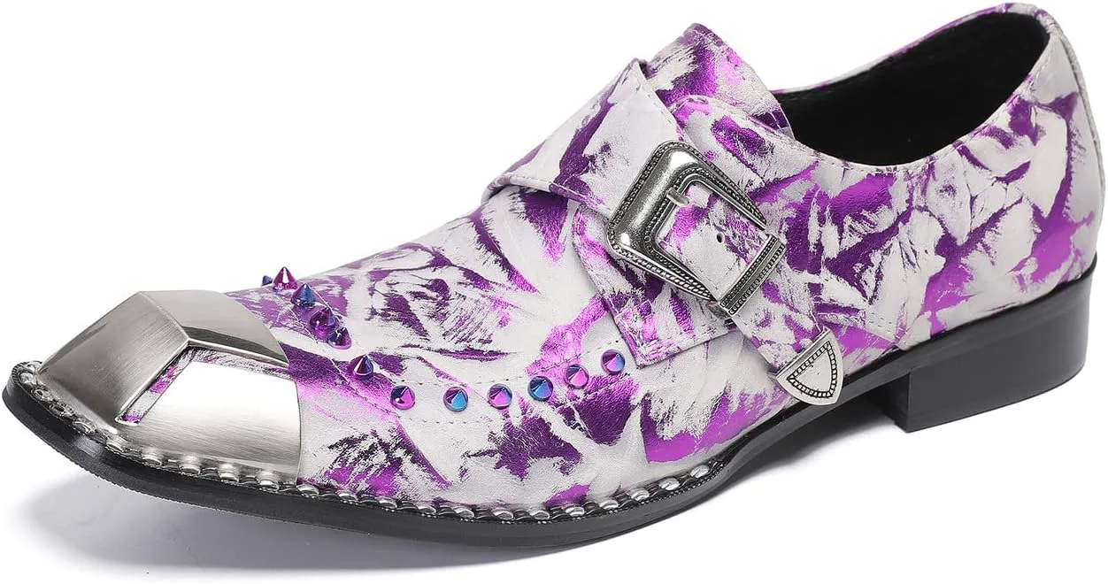 Мужские лоферы Santimon Mens Loafers для вечеринки, повседневные слипоны, кожаные лоферы с металлической квадратной пряжкой, обувь для свадьбы, вечеринки в западном стиле, модные туфли на выпускной с яркими бусинами для мужчин, фиолетовый — фото 3