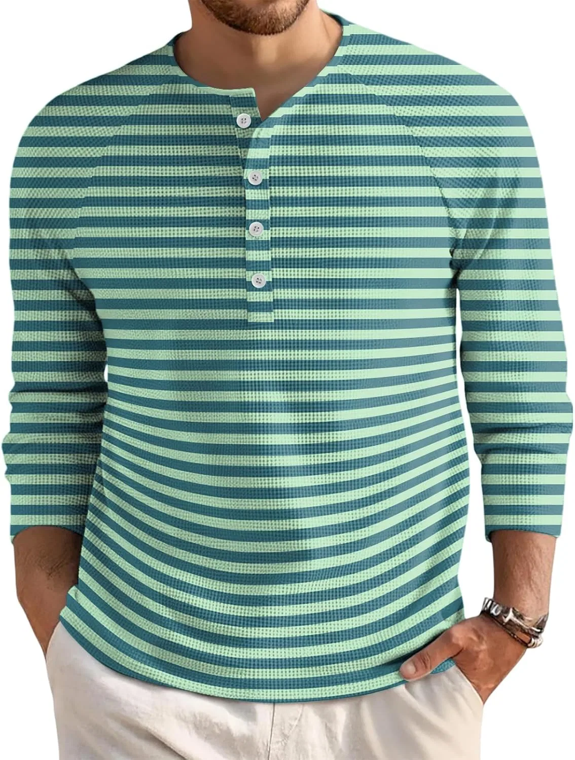 Мужская футболка с полосками, Henley, бренд Generic, A003- Green
