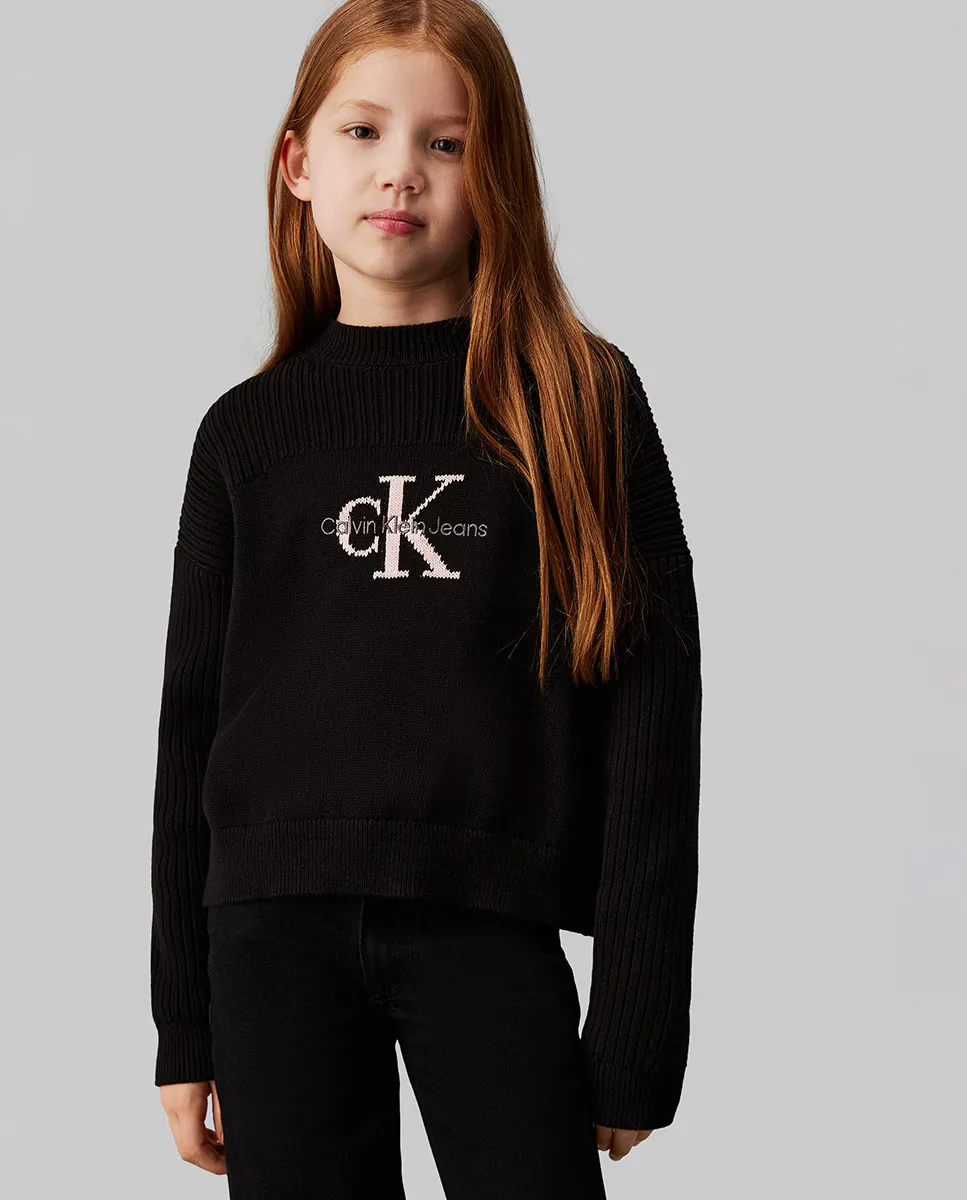

Свитер с круглым вырезом и логотипом девушки Calvin Klein, черный