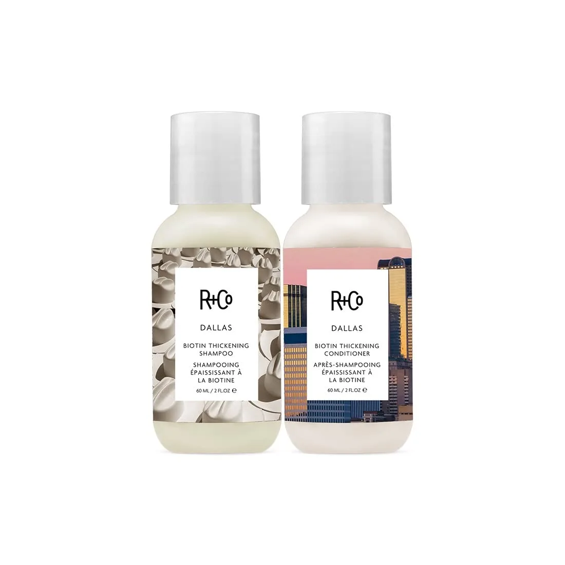 Шампунь для утолщения волос R+Co Dallas Biotin, 1,7 жидких унций, и кондиционер для утолщения волос R+Co Dallas Biotin, 2 жидких унции.