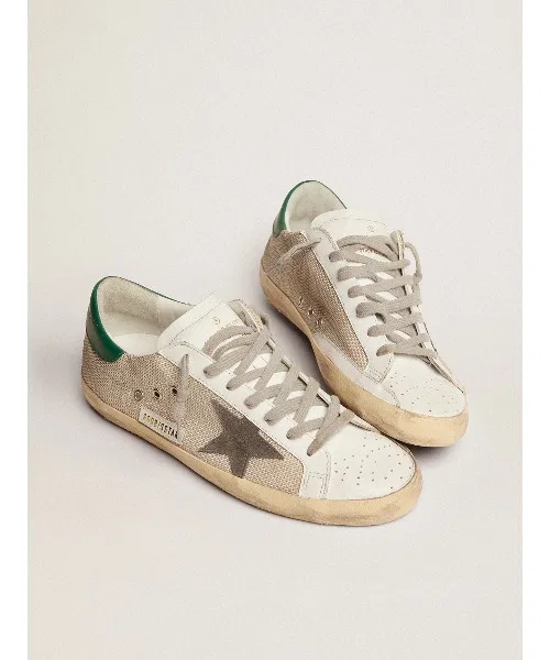 Мужские кроссовки GOLDEN GOOSE Super-Star из сетки с серой замшевой звездой и зелёной кожаной вставкой белые — фото 2