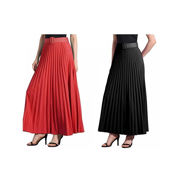 

2 упаковки женской эластичной плиссированной макси-юбки с поясом Allegra K, Black Red