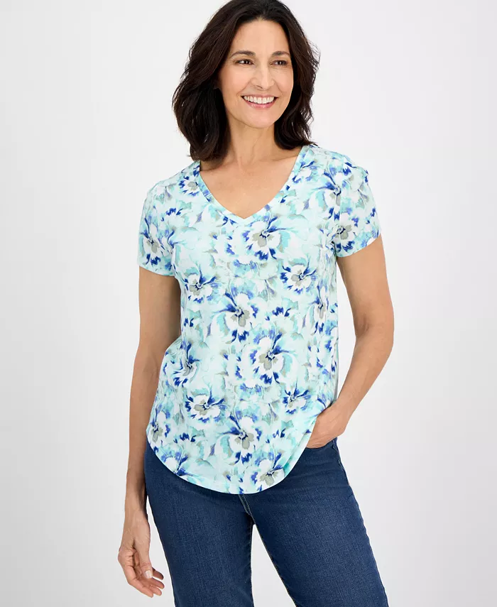 

Футболка с V-образным вырезом Petite Blurred Floral Perfect Style & Co, синий