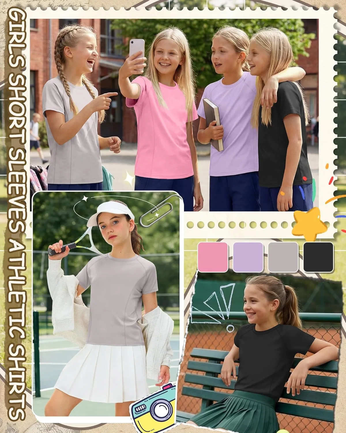 Детские спортивные футболки 4 шт, LessonZoo, Pink, Taro Purple, Light Gray, Black — фото 4