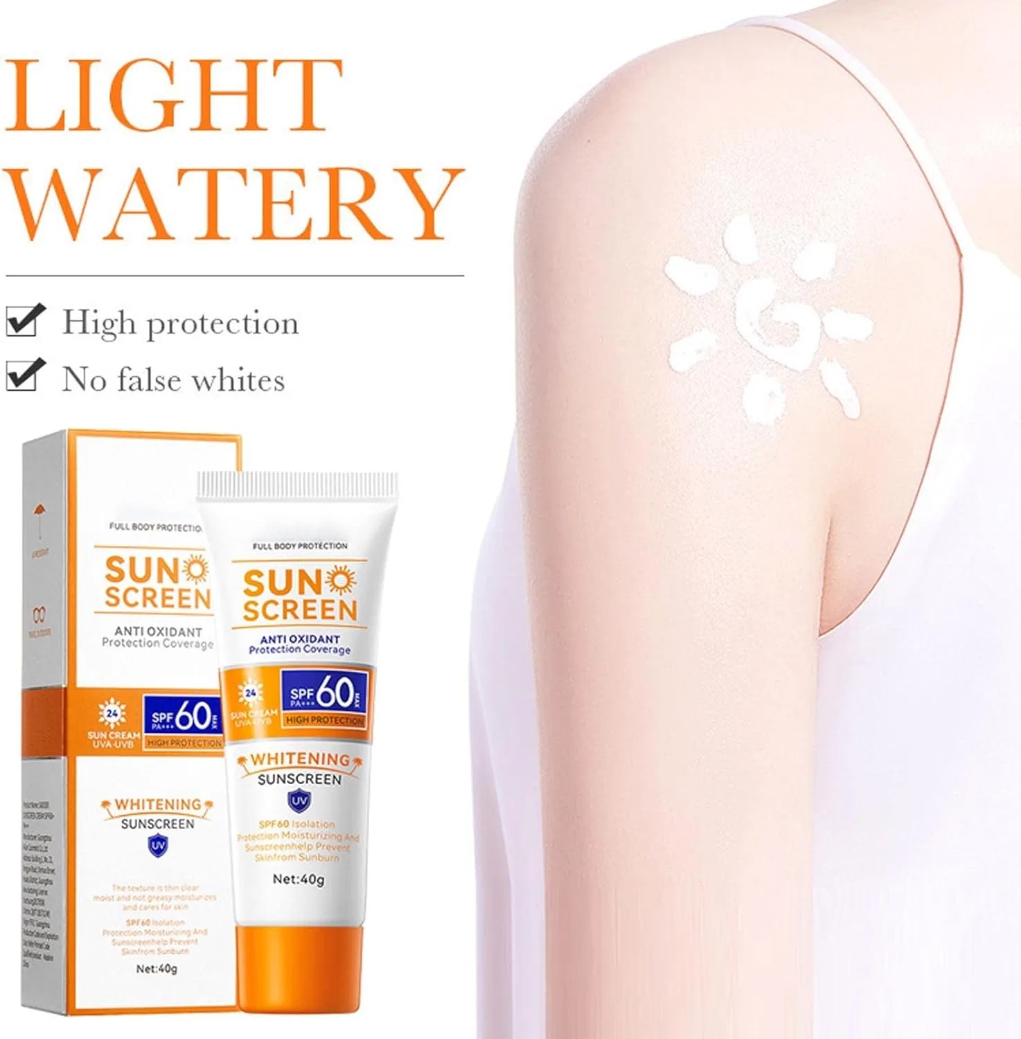Солнцезащитный крем SPF 60+ Long Lasting Anti-Aging Moisturizer от Generic, белый, 58 г — фото 2