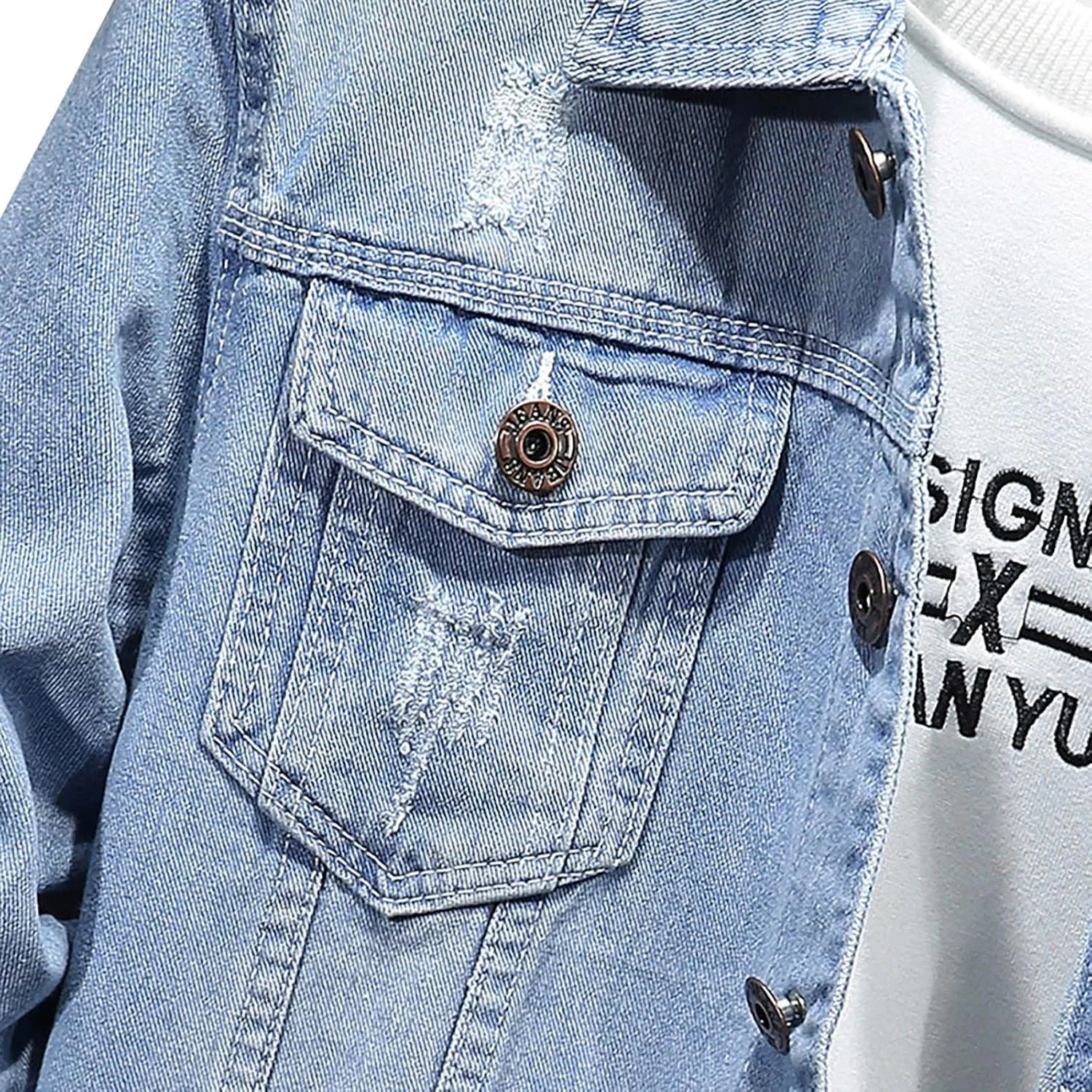 Мужская джинсовая куртка верхняя одежда slim fit классическая винтажная джинсовая куртка с длинным рукавом потертая destroyed джинсовый пиджак Generic, светло-голубой — фото 4