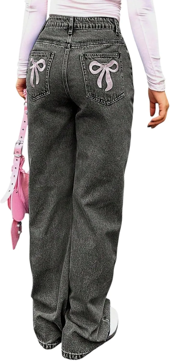 

Плюс сайз женские джинсы wide leg с вышивкой бантом y2k CFNZER