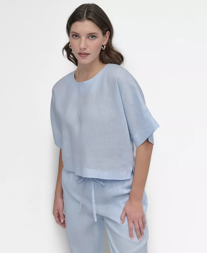 

Льняная блуза с рукавом реглан и коротким рукавом DKNY, синий