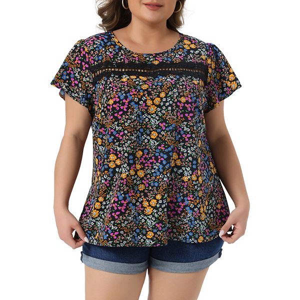 

Блузка женская plus size с кружевной вставкой спереди, короткий рукав, цветочный принт Agnes Orinda, Black