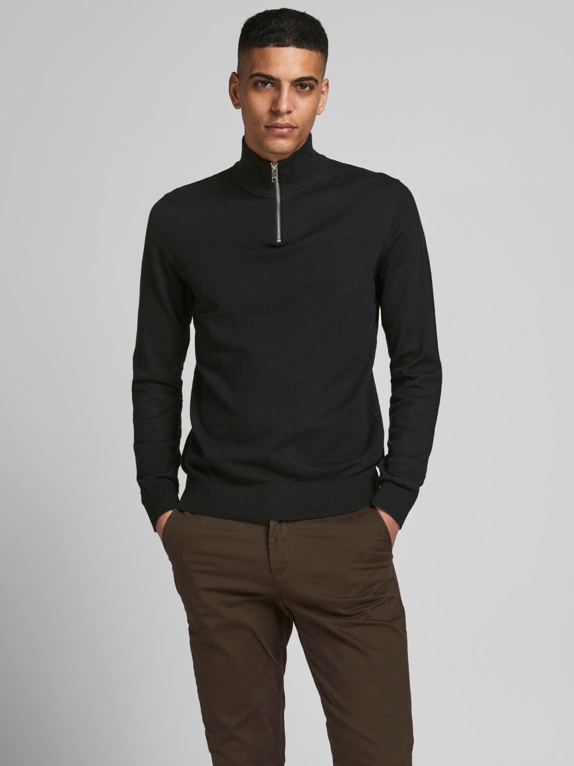 

Пуловер Jack & Jones Dünner Strick Half Zip Stehkragen Sweater JJEEMIL, черный