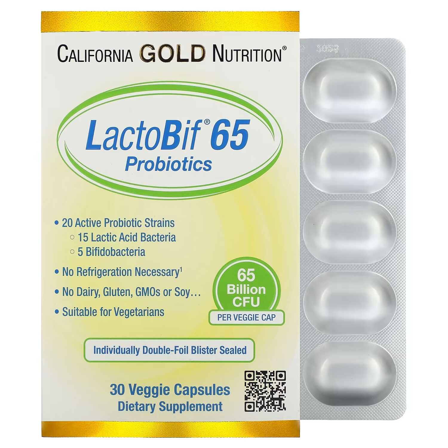 

California Gold Nutrition LactoBif 65 Пробиотики 65 миллиардов КОЕ 30 растительных капсул