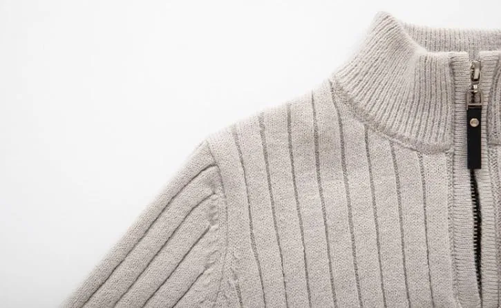 Мужской полувысокий воротник свитер Slim Fit вязаный пуловер вертикальная полоска длинный рукав базовый слой вязаные свитера Generic, серый — фото 4