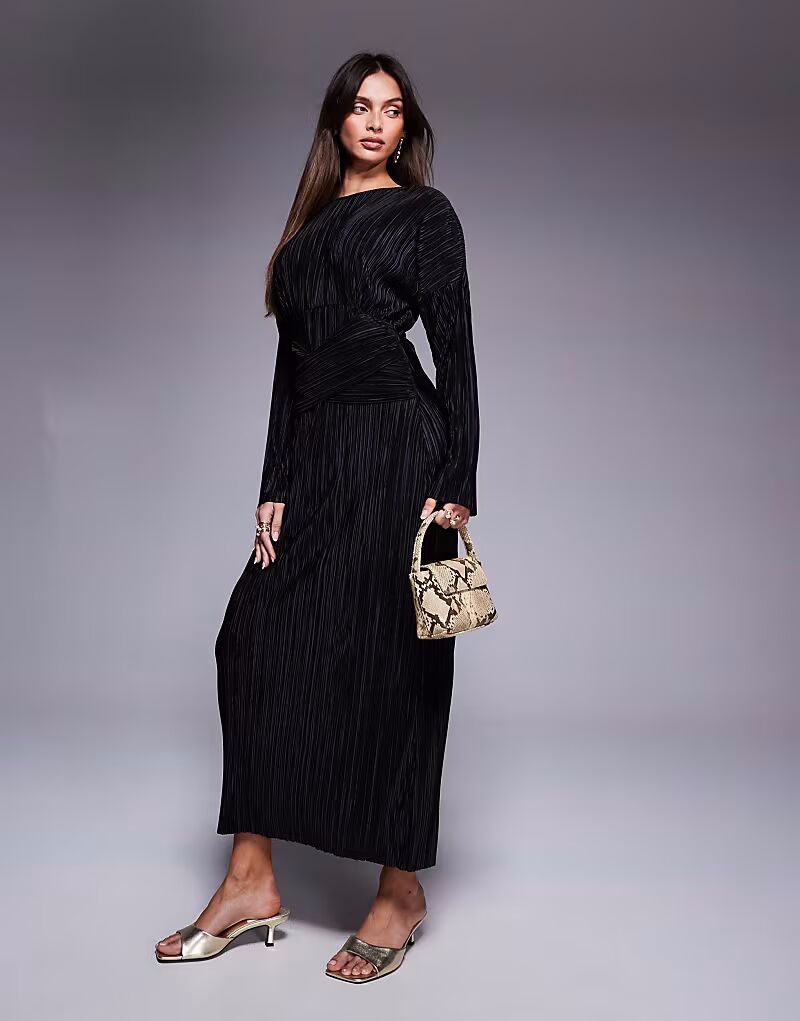 

Платье макси ASOS DESIGN с плиссировкой, высоким воротом, длинными рукавами, запахом на талии, черное
