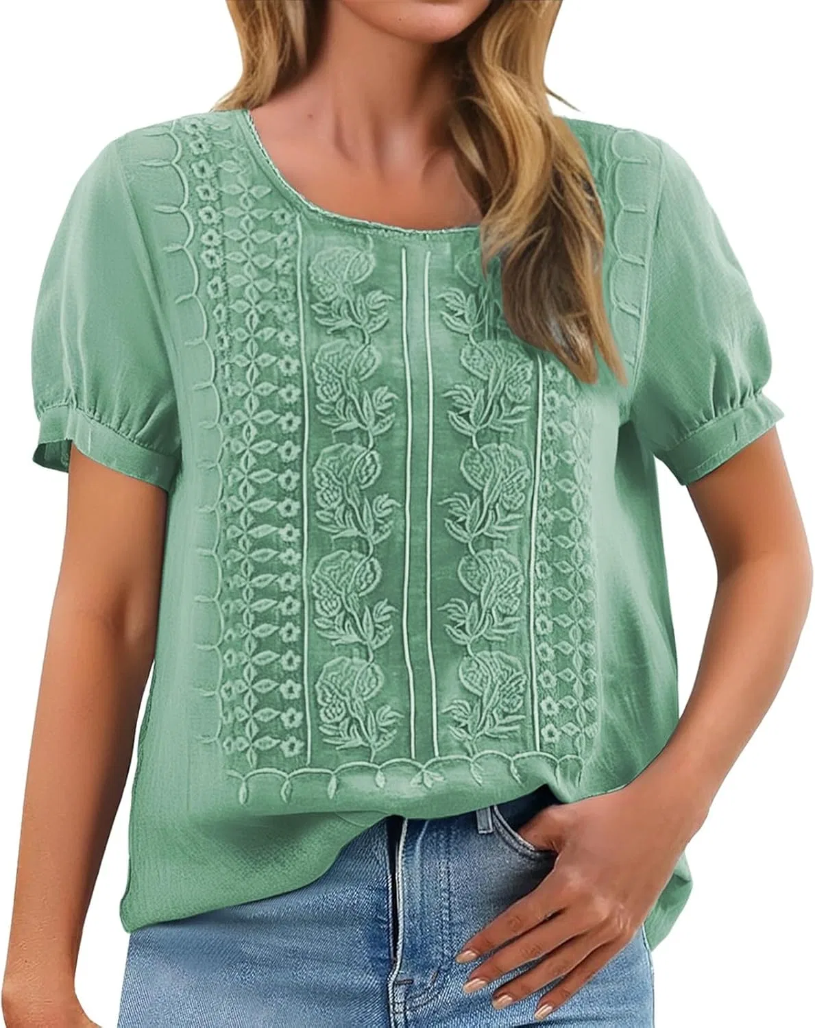 Блуза льняная, ретро, вышивка, короткий рукав, Mint Green
